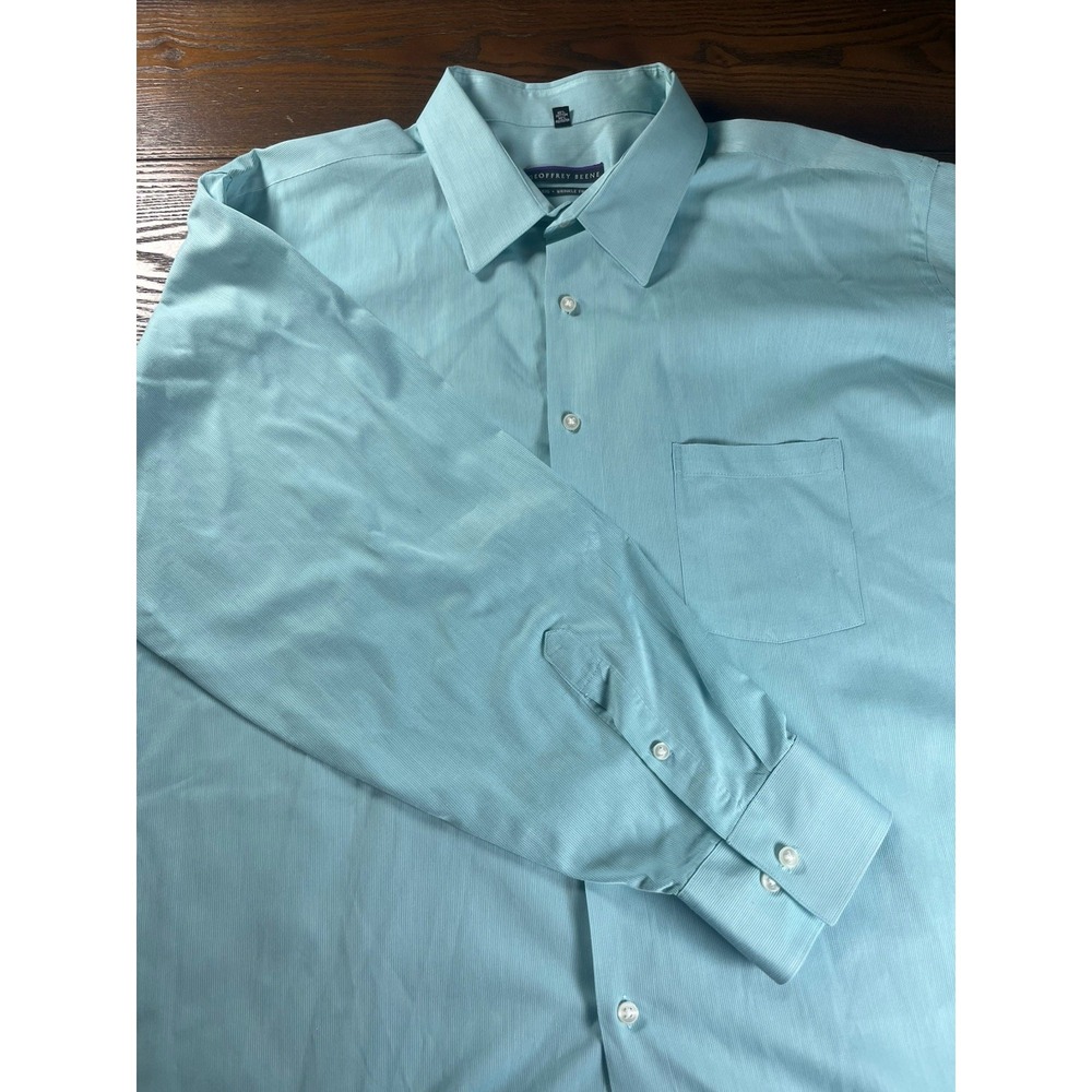 GEOFFREY BEENE Blue Shirt Men's 19 34/35 White Stripe Button Down Wrinkle Free